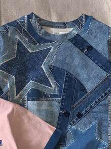 SHEIN Leap Crew 青少年女孩 3 件套，休闲简约设计，星星蝴蝶结印花图案短袖圆领 T 恤，夏季休闲时尚个性上衣，儿童日常穿着 - 彩色 - 查看 4