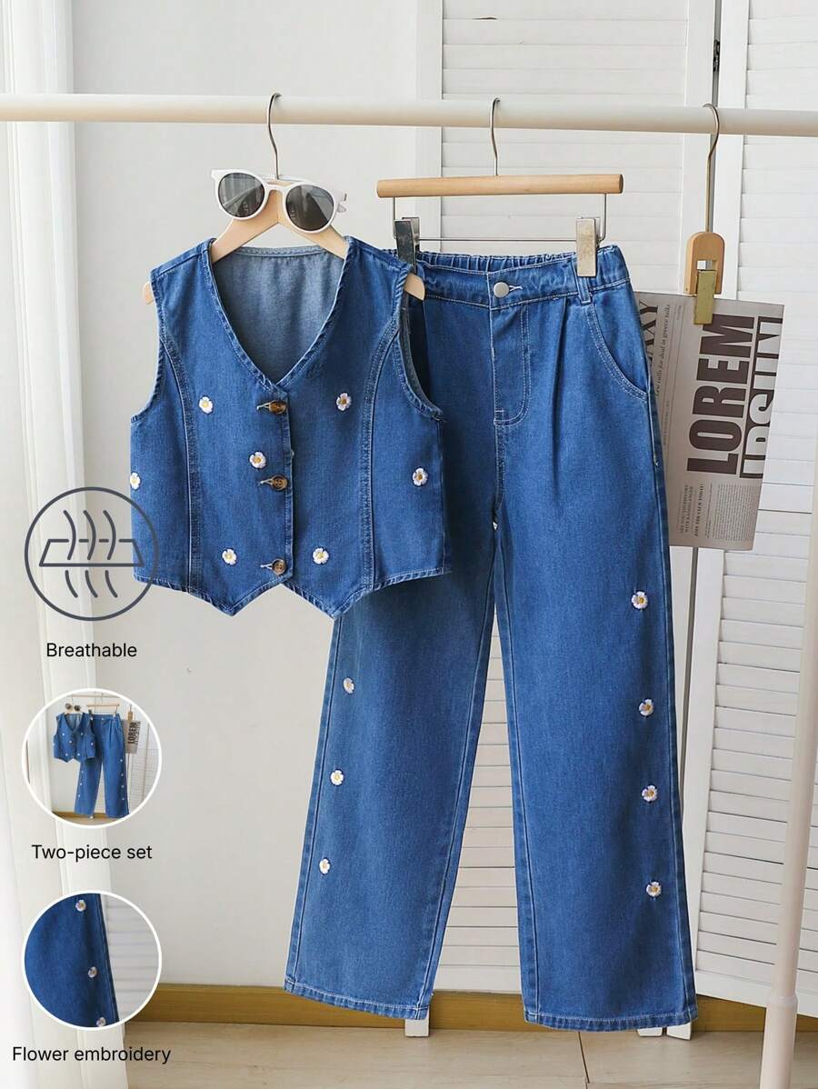 Tween Girls Denim Two Pieces Outfits 2 Pieces Jean Set Girl Jean Set Jeans Set - Dark Wash - View 1