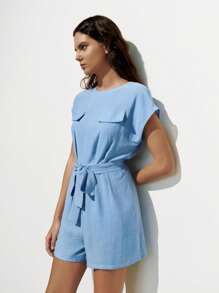 Lumivelle 女士亚麻混纺蝴蝶结裹身阔腿连体裤 - 藍色 - 查看 5