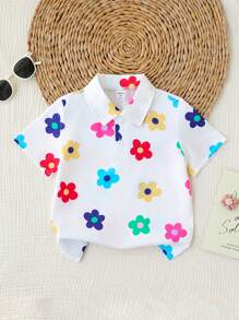 SHEIN Young Boy时尚花卉印花短袖Polo衫，适合春夏季休闲、度假、外出、拍照 - 白色 - 查看 3