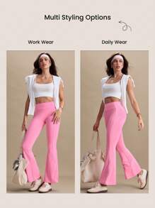 SHEIN Sovereign Charm Women's Plain Color Casual Flared Leg Pants, Minimalist Fashion Suitable - Pink - View 5