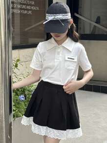 DAZY Bộ 2 món/Bộ trang phục mùa thu cho bé gái tuổi mới lớn: Áo thun tay ngắn in chữ có cổ + Chân váy - trắng - Xem 3