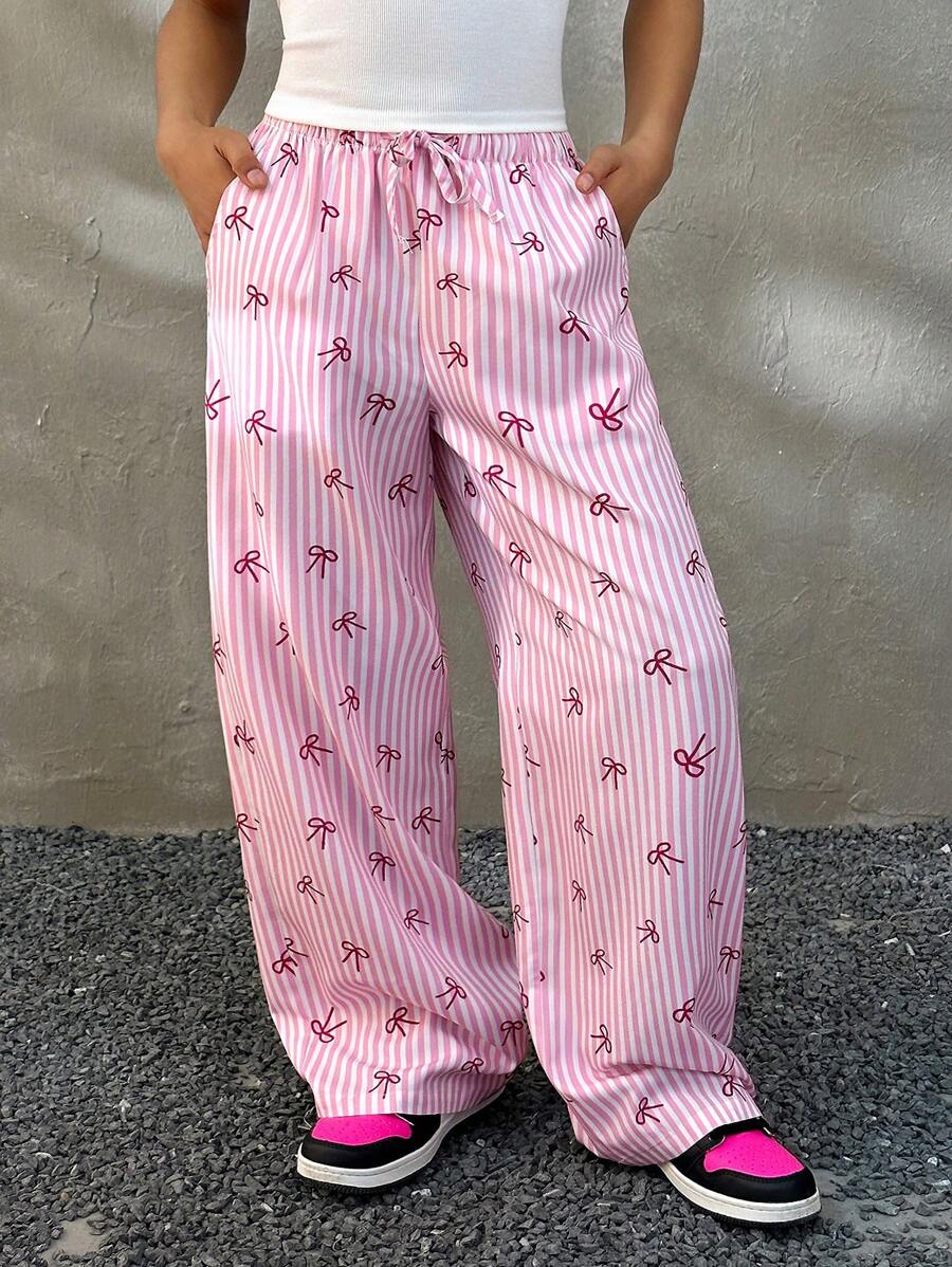 Coolane Kids Tween Girls Spring/Summer Comfortable Trousers, Bow Striped Print Versatile Long Pants - Pink - View 1