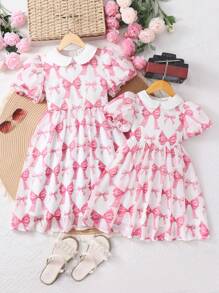 Robe à manches bouffantes style vintage pour préadolescentes, col Peter Pan, imprimé papillon en mousseline, douce - Rose bonbon - Voir 3