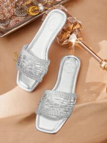 CUCCOO TILAWA Women's Fashion Square Toe Casual Woven Mesh Open Toe Slide Sandals, Comfortable Flat Outdoor Lady Slippers - Silver - View 2