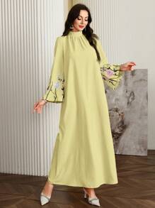 Al Najma 女式花卉印花立领长袖休闲宽松连衣裙，优雅束腰阿拉伯连衣裙，适合日常休闲/旅行/度假/休假，端庄