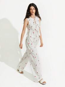 Aveloria GENKIRA Top com Bordado e Atacador + Calças Soltas de Cintura Elástica, Conjunto de 2 Peças, Estilo Doce, Roupa Leve de Verão para Mulher - Branco - Ver 2