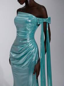 Glamrae 优雅的湖蓝色闪亮彩虹色涂层单肩露肩可拆卸蝴蝶结超长褶皱美人鱼风格开衩礼服，适合约会、单身派对、毕业典礼、返校节、舞会、生日、婚礼、正式活动 - 水鴨藍 - 查看 1