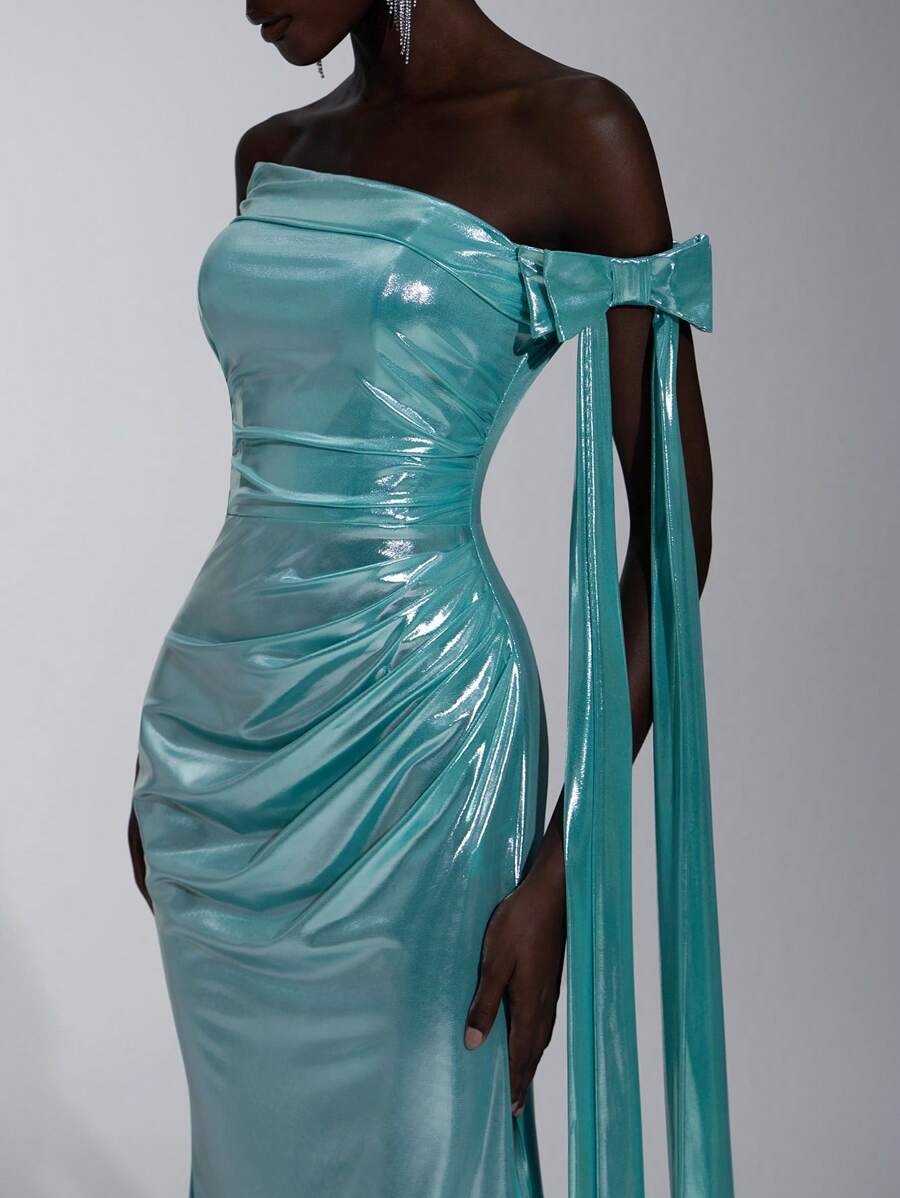 Glamrae 优雅的湖蓝色闪亮彩虹色涂层单肩露肩可拆卸蝴蝶结超长褶皱美人鱼风格开衩礼服，适合约会、单身派对、毕业典礼、返校节、舞会、生日、婚礼、正式活动 - 水鴨藍 - 查看 1
