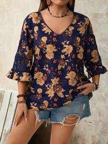 EMERY ROSE Cămașă de damă cu decolteu în V, lejeră, casual, imprimată, cu garnitură din dantelă, top versatil pentru naveta și timpul liber - Albastru - Vizualizare 3