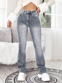 Selenza Women's Y2k High Waist Geo Embroidered Studded Detail Flare Leg Elegant Jeans With 4 Pocket ,Butt Lifting Jeans Women - Light Grey - View 9