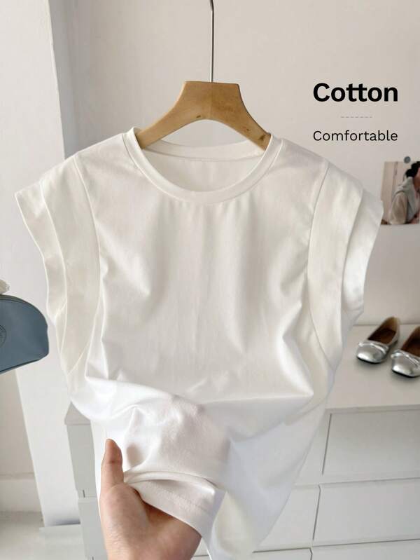 SHEIN LUNE Cotton T Shirt Casual White Round Neck Double Layer Wide Shoulder Sleeveless T-Shirt For Women, Suitable For Daily Casual Wear, Spring/Summer White Outfits For Women Summer Top  Work Tops