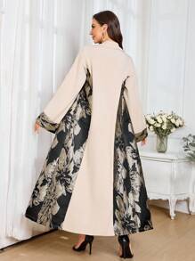 Al Najma 优雅的色块长款阿巴亚开衫，秋季，休闲阿巴亚长袍，适合晚会/日常休闲，朴素的长袍 - 卡其色 - 查看 2