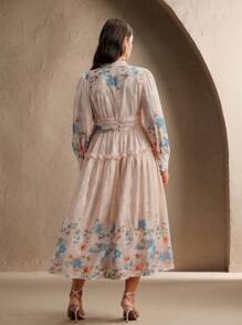 Anewsta Damen Frühling und Sommer Mode große Größen Positionsdruck langärmlig plissiertes elegantes hochwertiges Positionsdruck langes Kleid