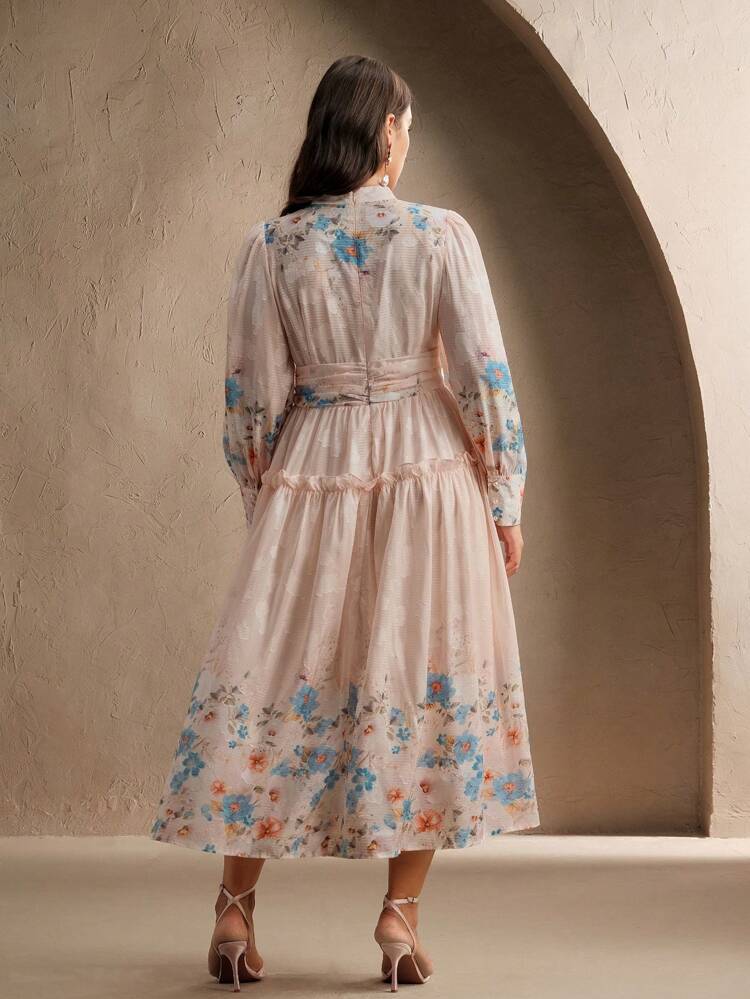 Ladies' Spring And Summer Plus Size Fashion Positioning Printed Long Sleeved Pleated Elegant High-End Positioning Printed Long Dress