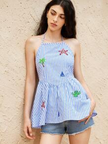 Aveloria GENKIRA Top de tirantes tipo camiseta con estampado bordado de estrella de mar, cactus y palmera, ajuste suelto en estilo casual de vacaciones para mujeres - Multicolor - Ver 5