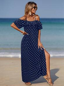Breezaya 女士度假露肩长款圆点印花荷叶边下摆连衣裙 - 彩色 - 查看 5