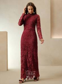 Anewsta 女士优雅法式玫瑰图案缎面拼接蕾丝高端连衣裙