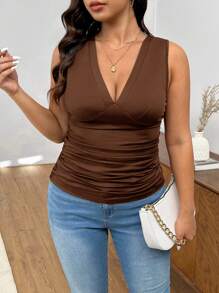 CosyJoli Plus Size Women's Simple V-Neck Pleated Fitted Black Camisole, New Spring Collection,Business Casual Woman - Coffee Brown - View 12