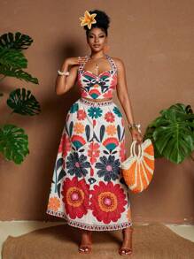 Maweii Große Größen Halter Tropical Muster Top & Rock 2-teiliges Set, lässige Strandresort Kleidung für den Sommer - Verschiedenfarbig - Übersicht 5