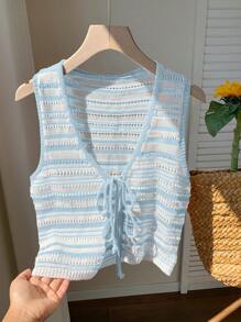 Comfortcana 女式条纹前系带镂空针织背心