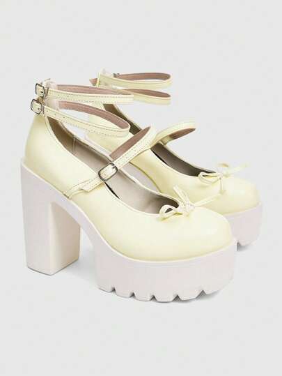 Goth Zapatos de tacón alto tipo Mary Jane de color amarillo para mujer, con puntera cerrada, hebilla con lazo, estilo lolita