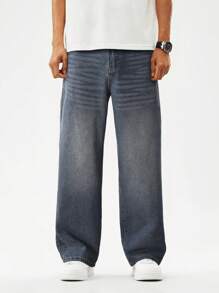 Teen Boy Light Blue Washed Classic Simple Versatile Wide Leg Jeans, Loose & Comfortable - Medium Wash - View 5