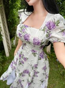 Feyla Abito elegante e romantico da tè con vita segnata, balze multicamero e fiocco - Multicolore - Visualizzare 3