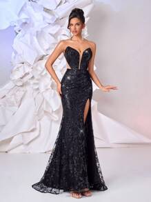Glamrae Elegant Luxury Sequin Floral Contrast Mesh Backless Fish Tail Maxi Dress With Slit, Suitable For Wedding, Party, Club, Holiday, Evening Gown (Heavily Embellished), Formal, For Wedding Guest,Graduation,Teacher Outfits For Women,Teacher Dress - Black - View 7
