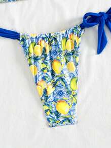 Swim Mod Set de 2 piezas de top corto sin espalda con estampado aleatorio colorido y bikini de lado atado en triángulo - Conjunto de traje de baño y ropa de playa de verano para mujer