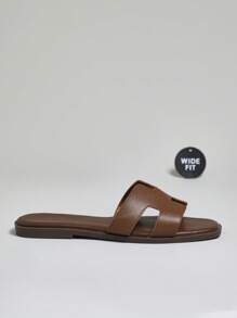 SHUZIA Wide Fit Women's Luxe-Inspired Harness Cutout Open Toe Minimalist Palm Print Pu Dark Olive Slides-Plus Size Comfort