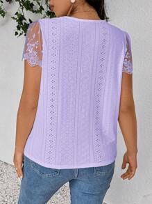 SHEIN Frenchy Plus Size Vacation Casual Solid Color Lace Patchwork T-Shirt - Mauve Purple - View 3
