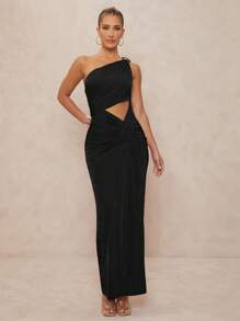 Lumalex Women's Metal Decor Ruched Twist Bodycon Extra Long Dress, One Shoulder - Black - View 6
