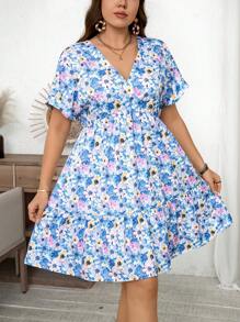 SHEIN LUNE Vestido corto de mujer talla grande de verano con escote en V, atuendos playeros para la Cuatro de Julio con colores brillantes y patrones ondulados con flores pequeñas, ropa para graduación con arcoíris para vacaciones de mujer