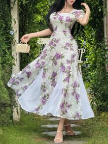 Feyla Abito elegante e romantico da tè con vita segnata, balze multicamero e fiocco - Multicolore - Visualizzare 1