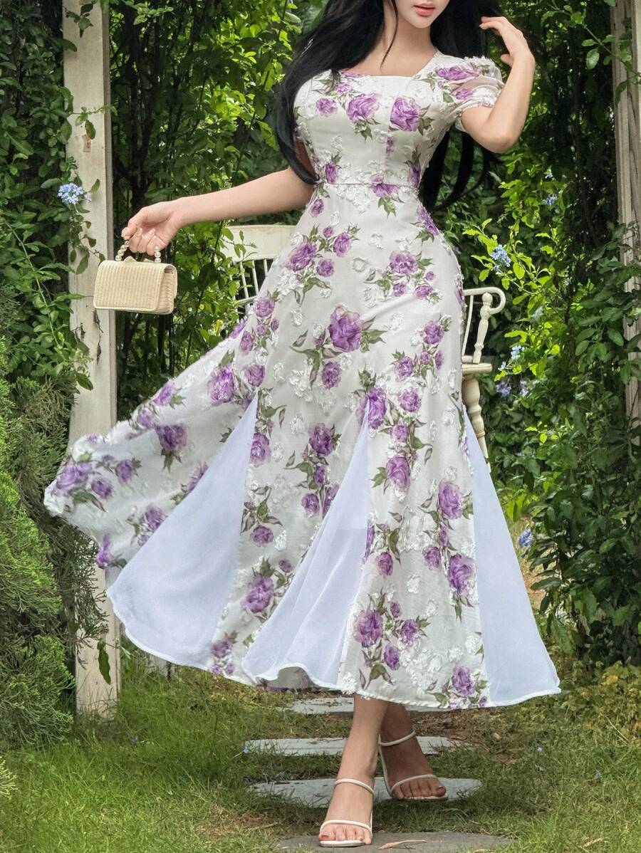 Feyla Abito elegante e romantico da tè con vita segnata, balze multicamero e fiocco - Multicolore - Visualizzare 1