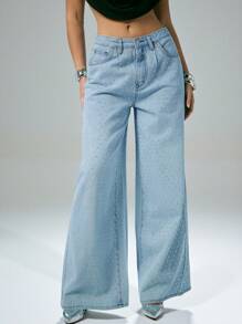 Denimoi Rhinestone Embellished Oversized Wide Leg High Waist Jeans - Light Wash - View 4