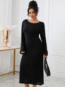 Robe droite à manches longues et col rond de couleur unie pour femmes - Noir - Voir 5