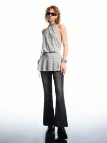 LYSMO Women's Halter Tie Striped Backless Mini Dress With Asymmetrical Hem - Grey - View 5