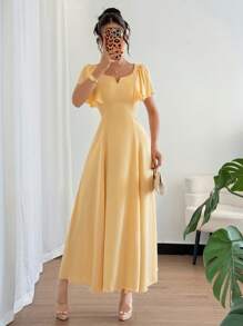 Selianne 优雅休闲紧身连衣裙，法式船领，短袖，奶油黄色，适合工作穿着，春夏季 - 黃色 - 查看 1