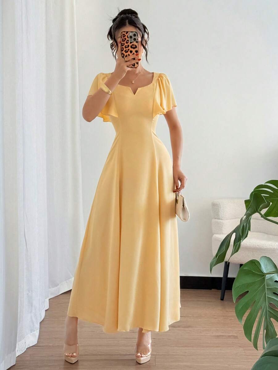 Selianne 优雅休闲紧身连衣裙，法式船领，短袖，奶油黄色，适合工作穿着，春夏季 - 黃色 - 查看 1