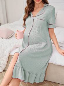 SHEIN Contrast Color Collar Ruffled Hem Jacquard Short Sleeve Open Front Maternity Dress - Mint Green - View 3