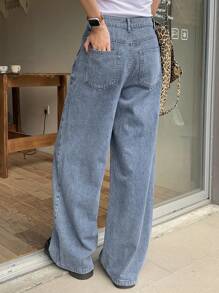 DAZY 女式宽松休闲百褶直筒牛仔裤，返校服