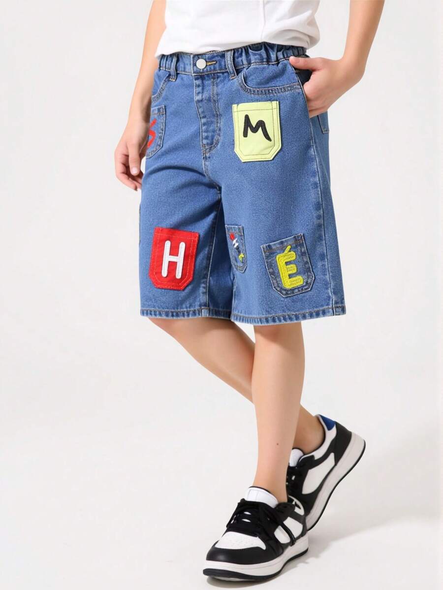 Shorts en jean droits avec poches multiples et lettre brodée vintage pour garçons, pour l'été