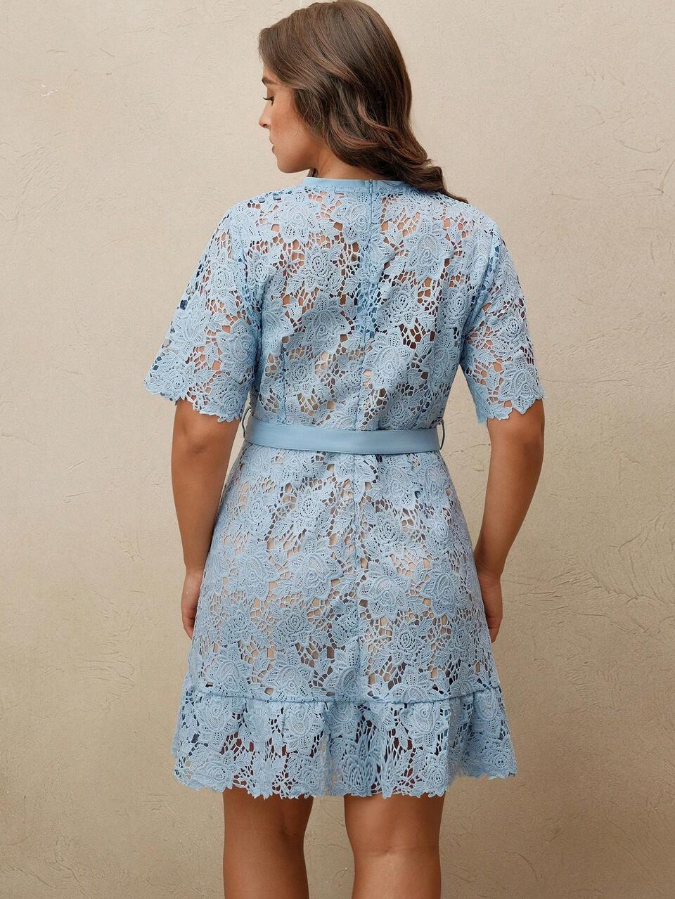 Women Elegant Blue Floral Lace Trim Vintage Style Mini Dress, Suitable For Summer, Festival, Elegant, Holiday, Vacation, Casual, Classy, Beach