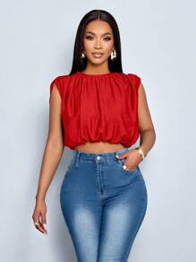 SOLERSUN Camisa sin mangas con plisado de unicolor para uso diario de mujer en primavera y verano - Rojo - Ver 6