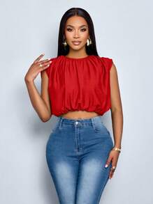SOLERSUN Camisa sin mangas con plisado de unicolor para uso diario de mujer en primavera y verano - Rojo - Ver 4