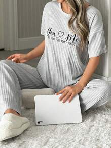 RueChic Women 2 Pcs Contrast Colour Lettered Homewear Short Sleeved & Long Bottom Pajama Set - Light Grey - View 3