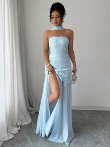 Elenzga Elegant Bandeau Waist Slit Hem Dress Light Blue Formal Dress Blue Strapless Dress Summer Formal Dress Fashionable Dresses