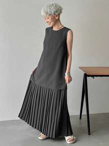 FRIFUL Women Loose Hem Pleated 2 In 1 Long Dress, Solid Color, Summer,Casual Women Dresses